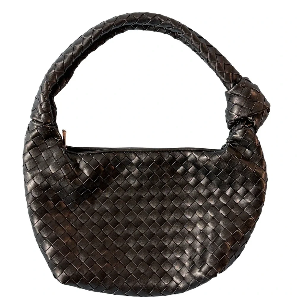 A New Day Woven Knot Handle Handbag Women Small Black Faux Leather Hobo Bag